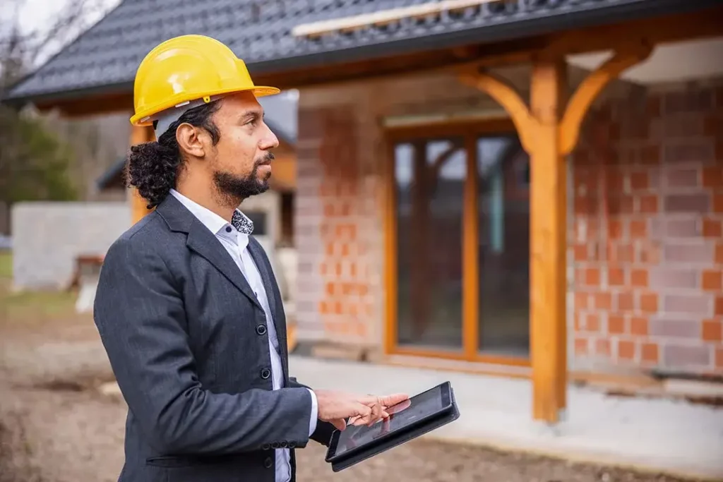 A person in a hard hat with a tablet in front of a brick building being constructed.