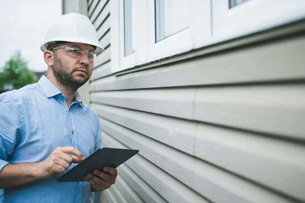 A person in a hard hat holding a tablet and standing next to a home with gray siding and windows.