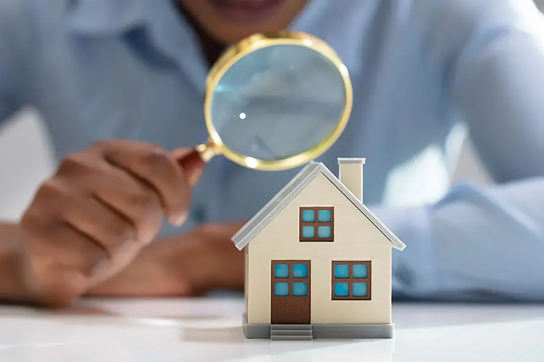 A person looking at a miniature house through a microscope.