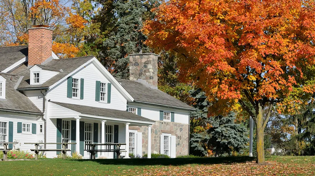 A side view of a white house in the fall with a tree with orange leaves in the front yard.